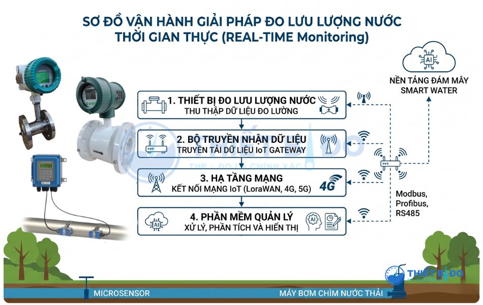 sơ đồ giải pháp đo lưu lượng nước theo thời gian thực (real-time monitoring)
