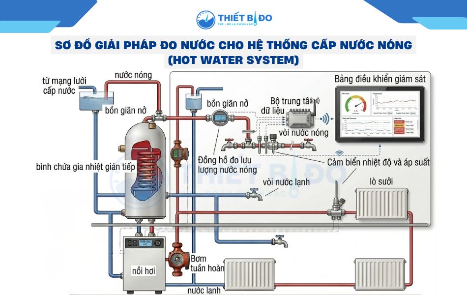 sơ đồ giải pháp đo nước cho hệ thống cấp nước nóng (hot water system)